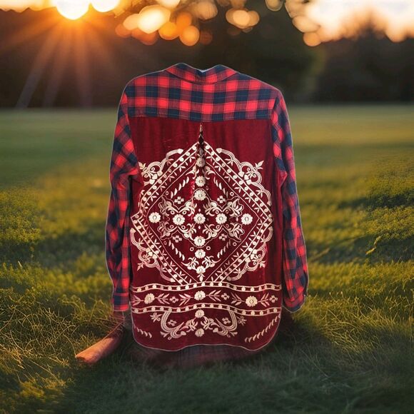 Women’s Red Plaid Button Down Embroidered Velvet Back Boho Western Shirt Sz M - Picture 1 of 9
